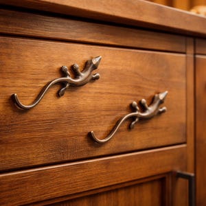 Set of 2 Lizard Brass Drawer Pulls - 5" Antique Bronze Gecko Cabinet Handles - Unique Animal Furniture Hardware for Dresser, & Cupboard