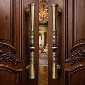 Antyczne mosiężne klamki do drzwi wejściowych, para ozdobnych uchwytów wejściowych o długości 32 cali, tradycyjne okucia drzwiowe w stylu wiktoriańskim