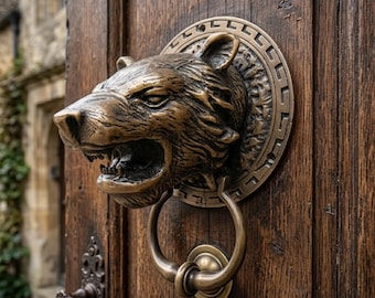Antique Brass Tiger Door Knocker - Handcrafted Animal Head Front Door Hardware - Heavy Duty Statement Piece - Rustic Housewarming Gift