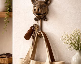 Juego de 2 ganchos de pared de latón con forma de cabeza de cerdo vintage de 14 cm (5,5") - Perchero de latón antiguo con forma de animal, ganchos rústicos para la entrada de una casa de campo - Regalo único para inauguración de casa