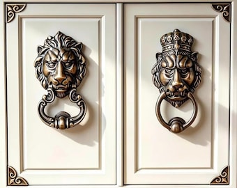 Set of 2 Brass Lion Door Knockers and Pull Handles, Decorative Animal Door Knocker, Vintage Brass Lion Head Handle, Luxury Front Door Decor