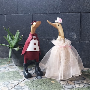 Bridal Couple - Vintage Style Wedding Pair - Decorated Wooden Duck in Boots by SedayuCraft 9.84 Inches - Wedding Anniversary