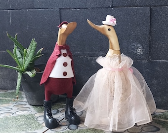 Bridal Couple - Vintage Style Wedding Pair - Decorated Wooden Duck in Boots by SedayuCraft 9.84 Inches - Wedding Anniversary