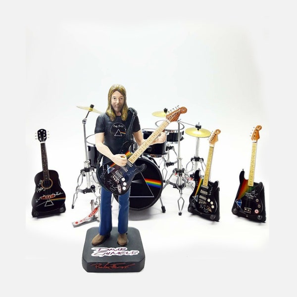 Miniature Drum Guitar Pink Floyd Special Edition and DAVID GILMOUR Action Figure, Best Idea for Music Gift or Collection