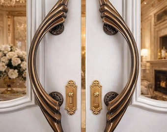 Tiradores de puerta de aluminio fundido macizo con alas estilo Art Déco - Tiradores de entrada de lujo grandes de 42 cm (par) - Herrajes para puerta principal