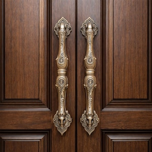 Puxadores de porta em latão antigo de 38 cm - Puxadores ornamentados em estilo vintage para entrada - Ferragens de porta em latão estilo vitoriano - Puxadores artesanais em latão maciço