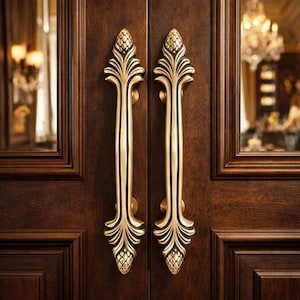 Antikes Messing Blatt Türgriffe - Verzierte Eingang Zieht, Paar