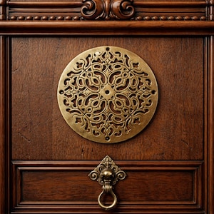 Set of 2 Brass Furniture Appliques - 5.7" Round Ornate Brass Plate - Antique Finish Decorative Filigree - Vintage Style Furniture Overlay