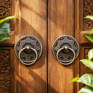 Puede incluir: Dos aldabas circulares de bronce con intrincados patrones florales en relieve montadas en un par de puertas de madera tallada. Cada aldaba presenta un anillo central unido a una placa decorativa circular con grabados detallados de pétalos.