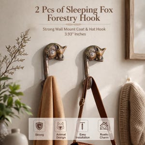 Set med 2 väggkrokar med sovande räv - Rustikt väggfäste för djur och hattar och nycklar - Barnrumsinredning - Woodsy Cottagecore Home Accent