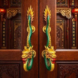 ドラゴンドアハンドルセット - 大型19インチエアブラシ仕上げアルミ製プル - 神話の守護者ドアノブペア - 東洋風ホームデコレーション [DH064]