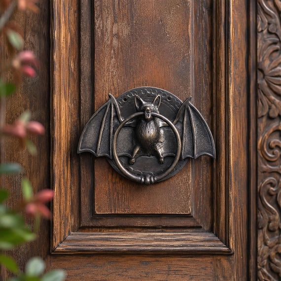 Vintage Bat Door Knocker - Ornate Brass Bat Door Handle - Gothic Home Decor - Bronze Finish Bat Knocker - Unique Halloween Housewarming Gift