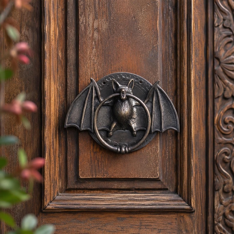 May include: Bronze bat-shaped door knocker with a ring in its mouth, mounted on a dark brown wooden door. The bat has outstretched wings and detailed features. The door has a rectangular panel design.