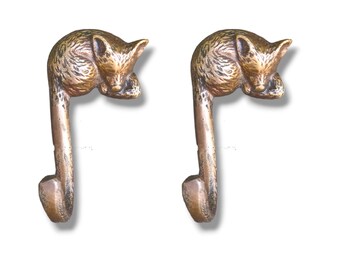 2 Pcs of Sleeping Fox Forestry Hook Strong Wall Mount Coat Hat Hook 3.93" Inches Solid Brass [DH125]