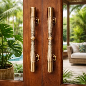 4 Pcs Antique Brass Door Handles - Set of 2 Pairs - 12.59" Vintage Style Entry Door Pulls for Double Doors - Luxury Solid Brass Hardware