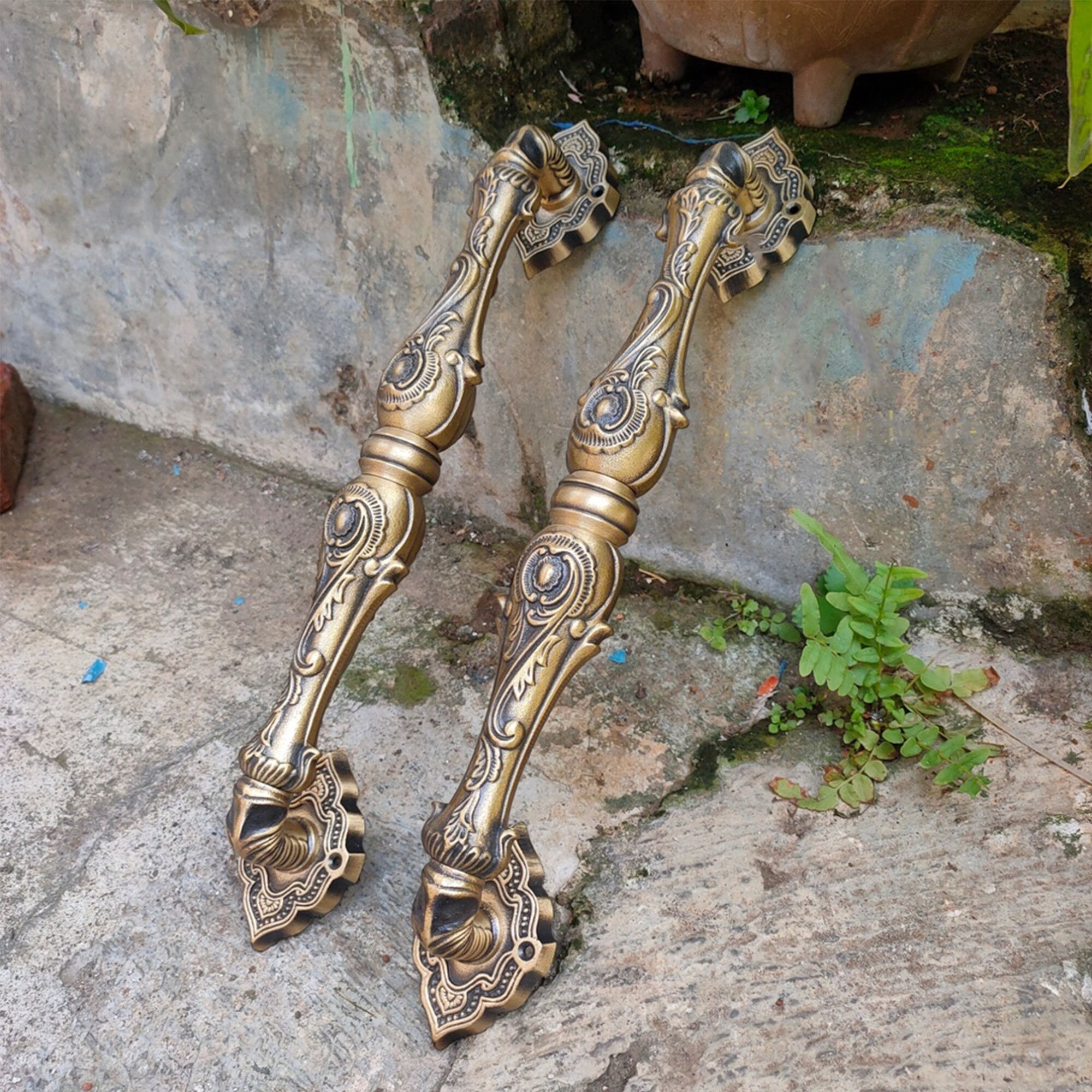14.96 Inches Lot of 2 pcs Vintage Western Antique Carved Solid Bras Door Handle Cabinet Knob Pull Handle [DH085]