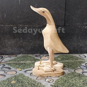 Wooden Duck With Flip-Flops Garden Deco Figure Made of Bamboo Root and Teak Wood Unpainted 9.84 Inches