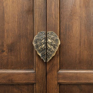 Antique Brass Leaf Cabinet Pulls - Pair of Nature Inspired Drawer Handles - Solid Brass Furniture Hardware for Wardrobe, Cupboard, & Dresser
