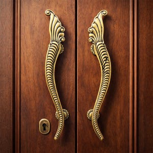 Vintage Art Deco Door Handles - 17" Large Brass Antique Finish Pulls - Set of 2 Fan Shell Style Door Hardware for Entryway, Gates & Cabinets