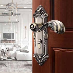 アンティークヨーロピアンドアハンドルセット - ヴィンテージブロンズ高級ドアレバー、サイレントロックボディ付き - ビクトリア朝スタイルの室内ドア金具 4.92インチ