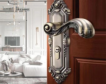 Antique European Door Handle Set - Vintage Bronze Luxury Door Lever with Silent Lock Body - Victorian Style Interior Door Hardware 4.92"