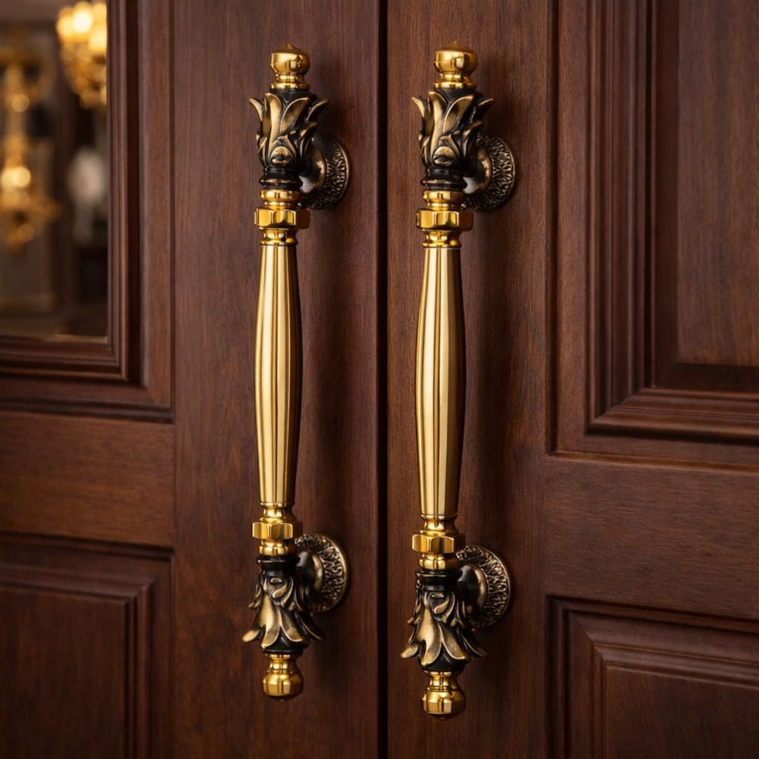 Antique Gold Brass Door Handles (pair) - 17.7