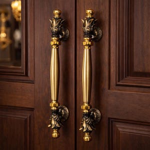 Antique Gold Brass Door Handles (Pair) - 18.5" Luxury Leaf Detail Pulls - Solid Brass Entry Hardware for Double Doors - Art Deco Door Knobs