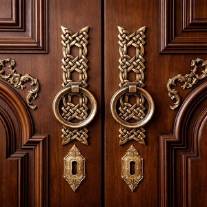 Peut inclure: Gros plan sur une porte en bois avec des ferrures en laiton ornées. La porte présente deux poignées à anneau avec des motifs tressés complexes, des cache-trous de serrure et des accents décoratifs. Le bois est brun foncé.
