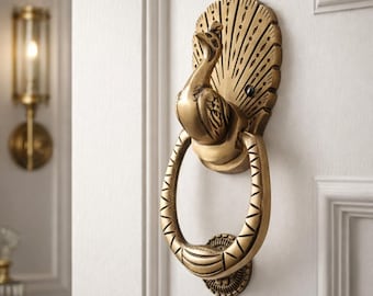 Solid Brass Peacock Door Knocker - Antique Brass Entryway Decor - Ornate Bird Door Hardware - Unique Housewarming Gift