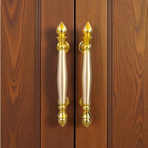 Solid Brass Door Handle Pair - 12 Inch Decorative Entryway Hardware for Cabinets & Double Doors - Handcrafted Mid-Century Modern Home Decor