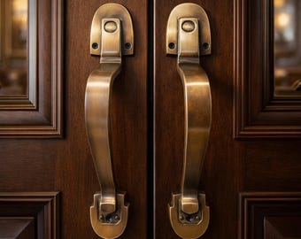 Antique Brass Door Handles Set - 10" Solid Brass Pulls for Entrance & Interior Doors - Art Deco Style Mid Century Modern Hardware