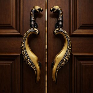 Handmade Brass Kujang Door Handles (Pair) - 18.5" Antique Brass Door Pulls, Traditional Indonesian Sundanese Dagger Style