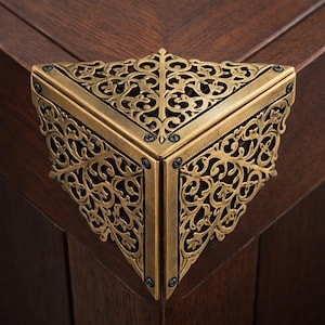 Set of 4 Vintage Carved Corner Protectors - Antique Brass Finish Aluminum Brackets for Tables, Doors, & Furniture - Floral Filigree Ornament