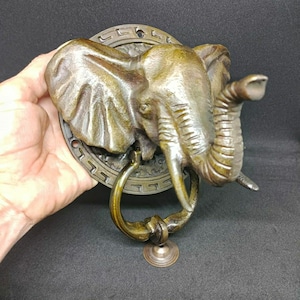Antique Mammoth Elephant Indian Head Door Knocker Cast Solid Brass 5.5 Inch [DH009]