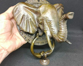 Antique Elephant Indian Head Door Knocker | 5.5" Solid Brass Mammoth Knocker | Vintage Boho Entry Door Hardware | Hindu Decor Gift [DH009]