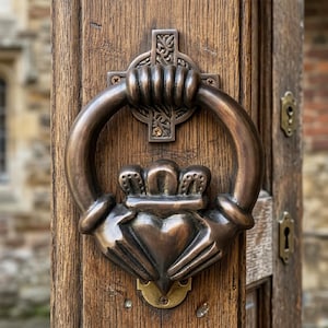 Puede incluir: Aldaba de puerta de color bronce con diseño Claddagh, con un corazón sostenido por dos manos y coronado. La aldaba está montada en una puerta de madera envejecida, con una cerradura visible.