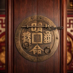 May include: Close-up of a wooden door with a large, circular brass door knocker. The knocker features Chinese characters and a chain. The door is a rich, dark brown color, and the knocker has a detailed, antique appearance.