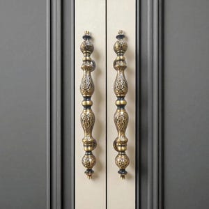 Set of 2 Antique Brass Door Handles - 18.5" Ornate Floral Mangosteen Pulls - Solid Brass Luxury Entryway Hardware - Elegant Boho Home Decor