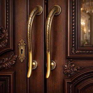 Antique Brass Door Handles, 14" Vintage Style Pulls for Double Doors, Ornate Floral Entryway Hardware, Aluminum & Brass Mix Handcrafted