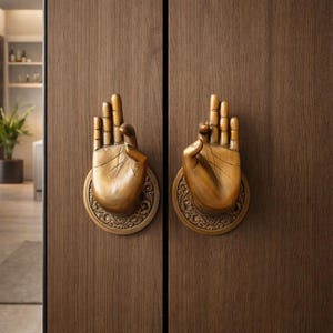 Poignées de porte Vitarka Mudra en laiton antique - Paire de poignées de porte bouddhistes - Quincaillerie de décoration intérieure zen - Poignées de temple traditionnelles en laiton