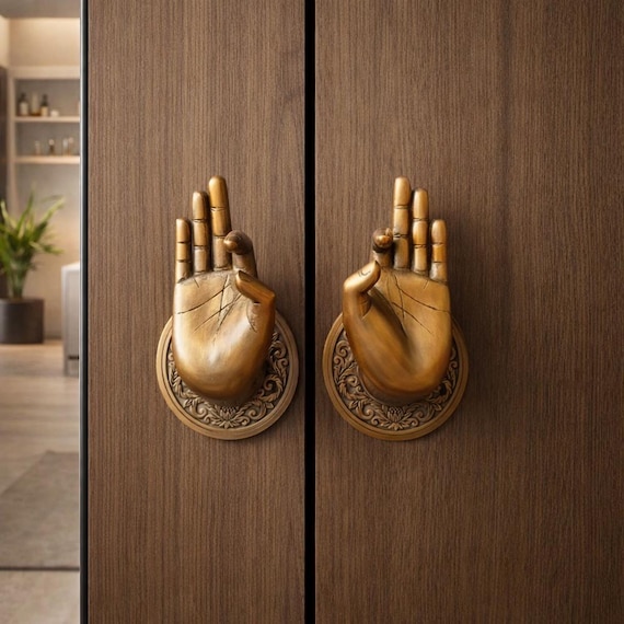 Antique Brass Vitarka Mudra Door Handles - Pair of Buddhist Hand Door Pulls - Zen Home Decor Hardware - Traditional Brass Temple Handles