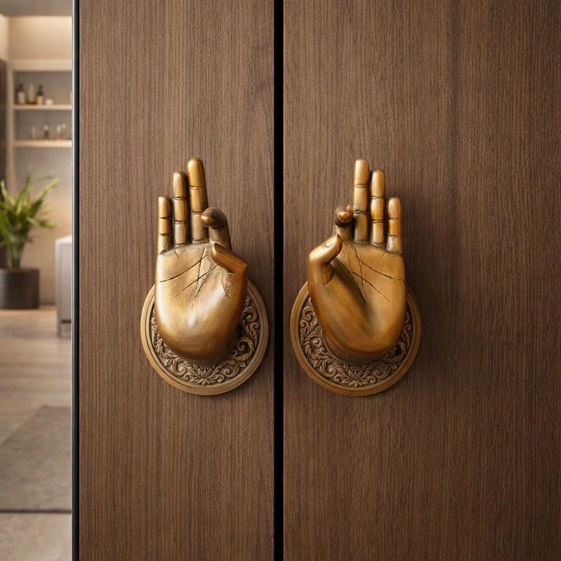 Antique Brass Vitarka Mudra Door Handles - Pair of Buddhist Hand Door Pulls - Zen Home Decor Hardware - Traditional Brass Temple Handles image 1