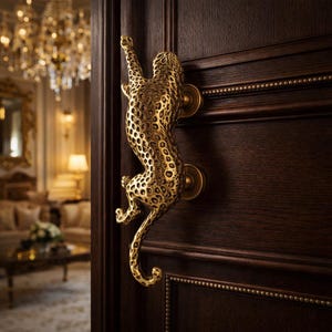 Tirador de puerta de latón con diseño de leopardo - Animal exótico - Herrajes dorados antiguos de lujo para gabinetes y puertas principales - Decoración Safari para el hogar de 29 cm