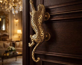 Leopard Brass Door Handle - Exotic Animal Door Pull - Luxury Antique Gold Hardware for Cabinets & Main Doors - Safari Home Decor 11.4"