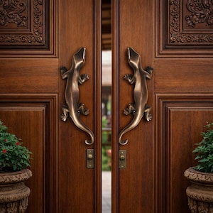 Gecko Door Handles - Antique Brass Lizard Pulls, 11.5" Large Animal Door Hardware, Tropical Home Decor, Artisan Brass Reptile Door Handles