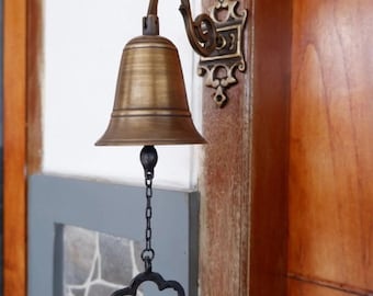 Antique Brass Wall Mounted Door Bell, Rustic Farmhouse Doorbell for Entrance, Vintage Style Entryway Decor