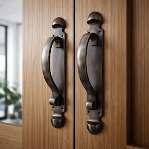 Vintage Style Brass Door Handles - Set of 2 Antique Bronze Entryway Pulls - Mid Century Modern Cabinet Hardware - Rustic Front Door Decor