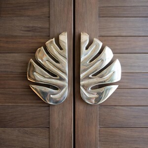 May include: Two polished brass door handles in the shape of split Monstera leaves. The handles are mounted on a dark brown wooden door with horizontal planks. The handles have a shiny, metallic finish and are symmetrical.