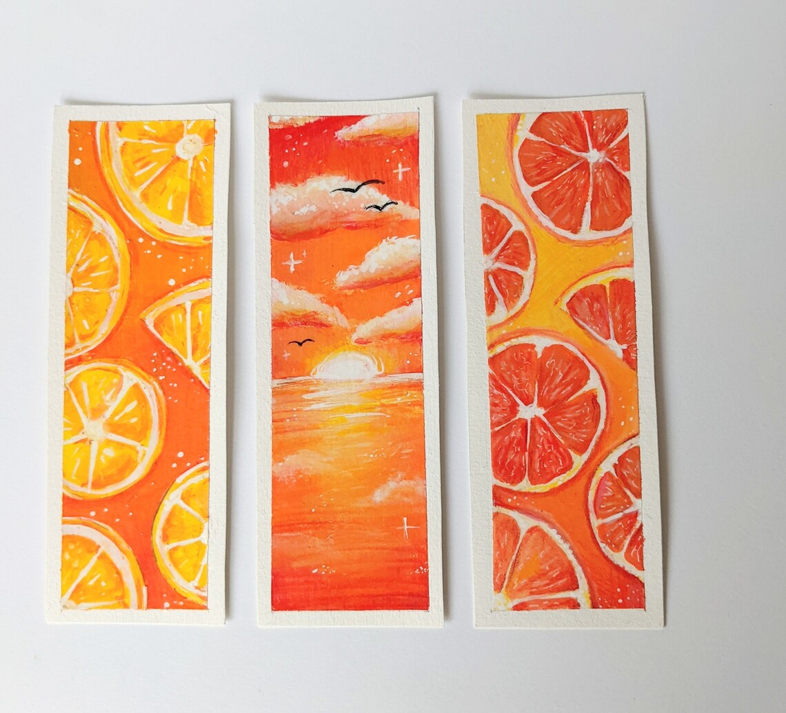 Original Hand Painted Bookmarks set of 3 Orange Aesthetic Etsy