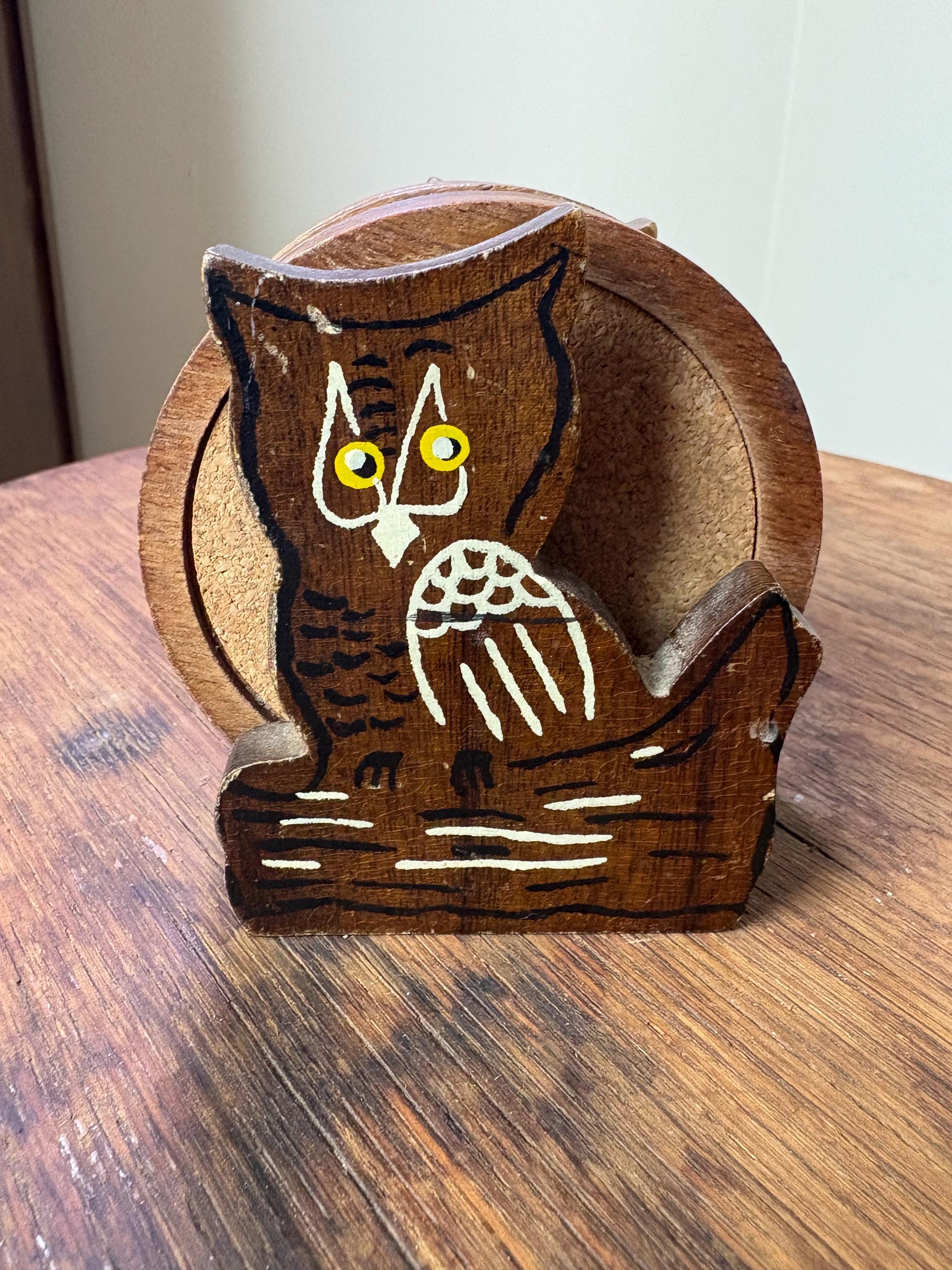 vintage owl wooden coasters